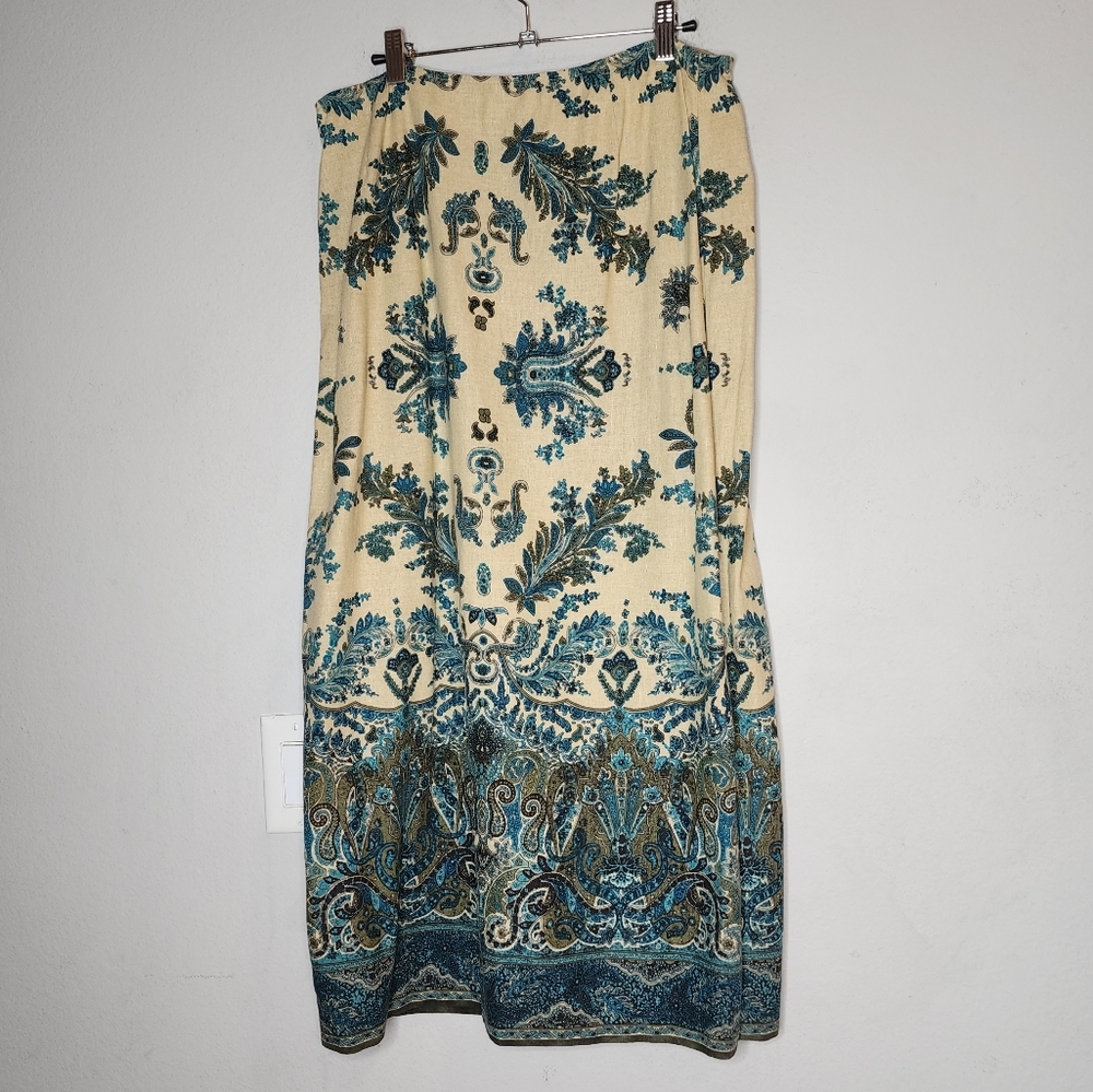 Norton McNaughton Linen Maxi Skirt Beige Blue Green Size 14 Vintage